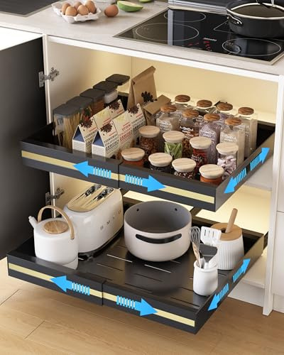 UMDONX 2 Pack Expandable Pull out Cabinet Storage Organiser Kitchen Cupboard Drawers, No Drill Adhesive Peel and Stick on Pantry Shelf Sliding Rack (Durable Metal Black Load 65LBS)