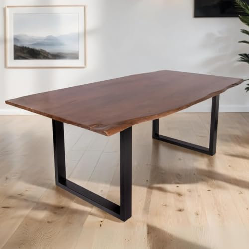 trelevo Esszimmertisch 300x100 cm, Akazienholz massiv 26mm, Tischplatte nussbaumfarben, echte Baumkante, U-Gestell schwarz, Baumkantentisch