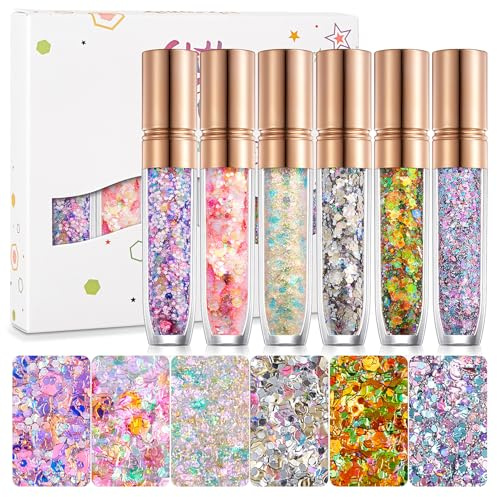 Body Glitter Gel, 6 Farben Bunte Glitter Sequin Makeup, Chunky Liquid Shimmer Gel für Festival, Holographic Masquerade Glitzer Funkelnde, Mermaid Glitzer Pailletten für Körper/Haare/Augen/Lippen/Nägel