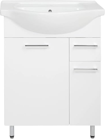 VBChome Badrumsset 65 cm med keramiskt tvättställ, underskåp med två dörrar och lådor – traditionell stil