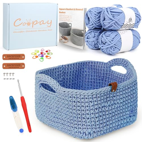 Coopay Häkelset für Anfänger, Square Körbe Häkel Set mit Häkelanleitung, DIY Häkelset für Körbe Häkeln Lernen mit Häkelnadel 4,5mm, Dicke Häkelgarn, Anfänger Häkelset für Körbe - Blau