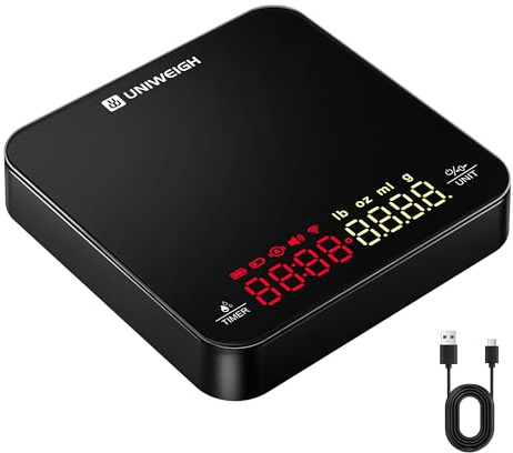 UNIWEIGH Mini Báscula de Café con Temporizador 2kg/0.1g,Báscula Espresso Recargable, Báscula de Precisión para Cafe Espresso y Pour-Over, Báscula Digital Portátil para Cocina,Negro
