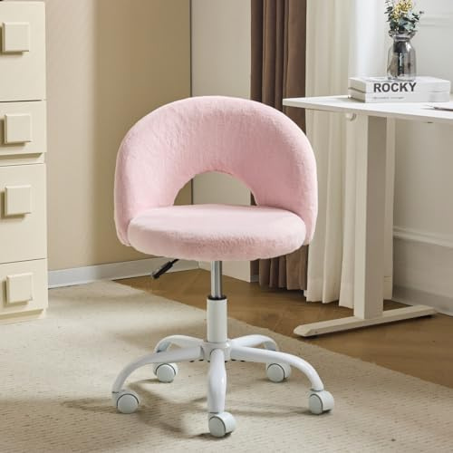 VINGLI Small Vanity Chair with Faux Fur Wheels for Girls,Cute Adjustable Height Armless Office Desk Chair,360°Swivel Comfy Rolling for Study,Make up Room,Small Space,Light Pink