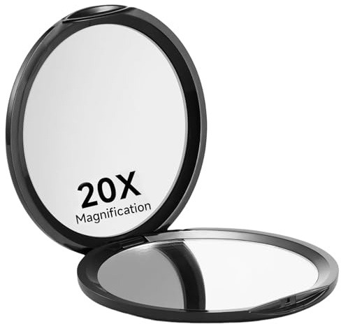 Kabwea Schwarz Specchio tascabile compatto con ingrandimento 1X/20X, ideale per viaggi, specchio ingranditore 20x, specchio da viaggio, specchio cosmetico