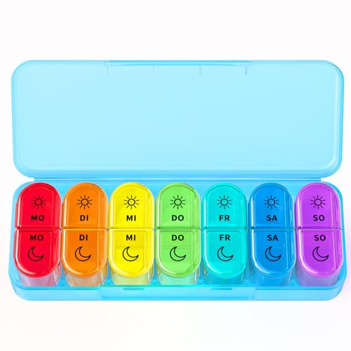 Doruimi Tablettenbox 7 Tage Morgens Abends, BPA Frei Pillendose, Blau | Medikamentenbox 7 Tage 2 Fächer für Senioren, Große Fächer für Vitamine und Fischöl, Abnehmbare Fächer, Auslaufsicher
