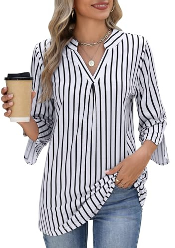 PASUDA Blusa Mujer Elegante Camiseta Manga Larga de Negocios 3/4 Manga Camisas Cuello en V Rayas Sólido Túnica Moda Casual Trabajo Túnica Verano Tops Otoño T Shirts