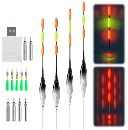 Ferakum Led Posen Angeln Mit Bissanzeiger, 4 Stück Posen Angeln Mit Farbveränderte Licht, Leuchtposen Led Mit Batterie, Knicklichter Angeln Zubehör Zum Tauchgebiet Angeln Am See, Fluss Oder Teich