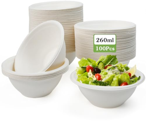 Kleemeiero 100 Stück Einweg Pappschalen Suppenschalen 260ml Nachhaltige Einwegschalen aus Zuckerrohr Einweggeschirr Schalen Weiß Zuckerrohrschalen Bagasse für Party BBQs Picknicks Outdoor Essen Heim