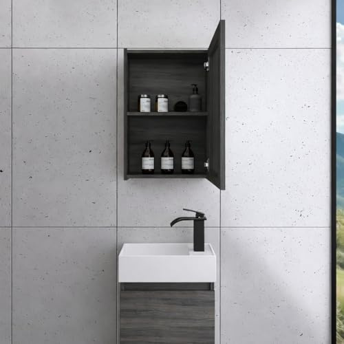 Faizee Home | Badmöbel Set Grau – Waschtisch mit Unterschrank, Keramik-Waschbecken & Spiegelschrank | Inkl. Wasserfall-Armatur in Schwarz | Modernes Badezimmermöbel mit elegantem Design