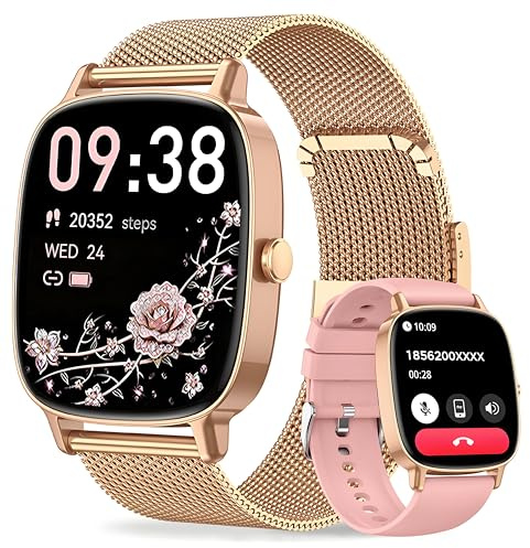 Smart Watches for Women, Answer/Make Call, 1.85'' HD Screen Fitness watch with Heart Rate/Sleep/SpO2 Monitor, Smart watch for iPhone/Samsung/Android, 120+Sport Mode, IP68 waterproof - Two Straps, Gold