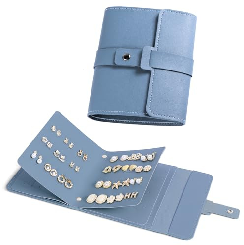 Ohrring Aufbewahrung mit Faltbarem Buchdesign, Ohrringe Ordner, Tragbares PU-Leder Reise Schmuckkästchen, Praktische Ohrstecker Aufbewahrung, Schmuckaufbewahrung für Mütter, Frauen und Mädchen (Blau)