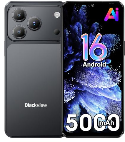 Blackview Wave 7C Android 16 Smartphone Libre con IA, 16GB+64GB/TF 1TB Teléfonos Móviles Libres, 6.56 HD+ Teléfono Móvil, 32MP+13MP, 5000mAh, 4G Dual SIM/WiFi 5/Face ID/GPS/OTG/FM/Funda, Negro