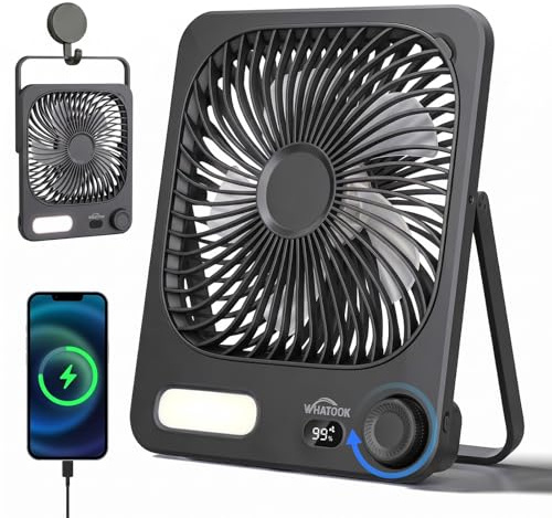 Akku Ventilator: 10000mAh 40H Tischventilator Leise mit 100 Stufen, 15s Auto-Aus LED Display, Reinigbarer Camping Ventilator mit Wandhalterung & Powerbank, USB-C Tragbarer Mini Kompaktlüfter für Reise