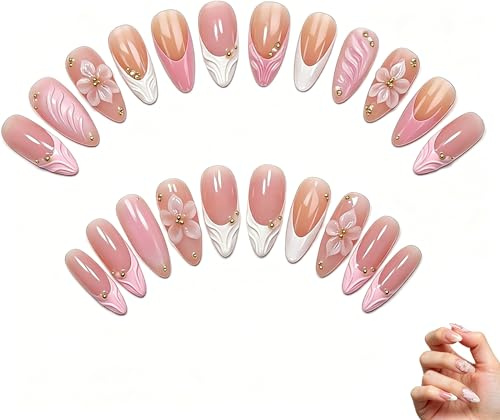 24 Pink Press on Nails Almond Set, Handmade Press on Nails French Tip, Cute Pres on Nail Floral Design, Elegant French 3D Pres on Nail for Girls Beginners Party Daily Styling