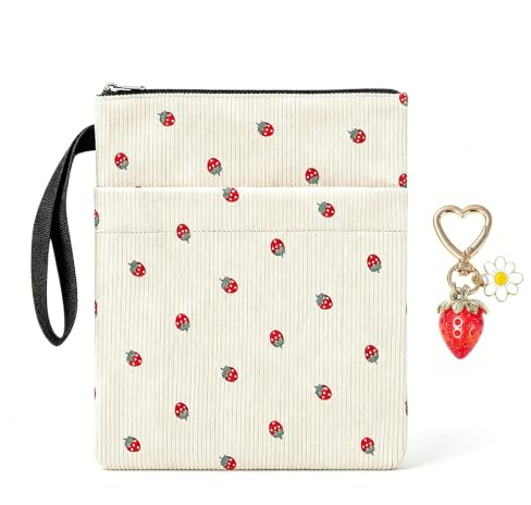 Funda Libros Fresa – 30x23 cm Estuche de Tela con Cremallera, Doble Cara Fresa, Bolsa Ligera de Almacenamiento para Libros, Colegio, Viaje, Regalo