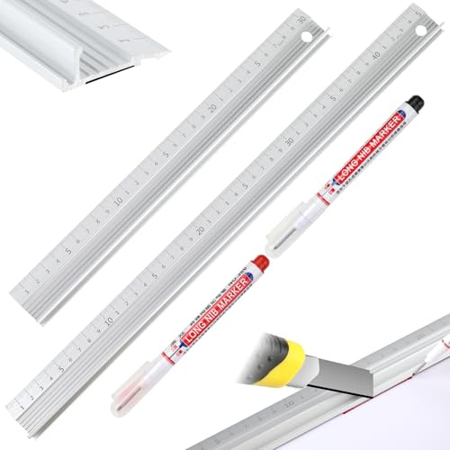 2 reglas de corte de aluminio blanco, regla de metal de 30 cm y 45 cm con 2 rotuladores de punta larga y agarre elevado, herramientas de borde recto de precisión antideslizantes para manualidades