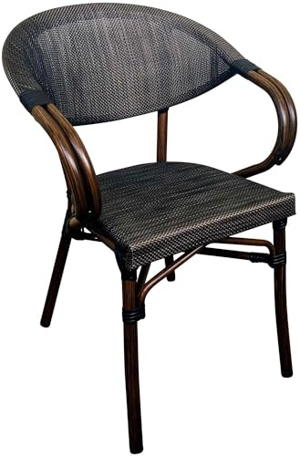 CLP Bistrostuhl wetterfest mit Holzoptik stapelbar Farbe: Coffee | Sorva - wetterfester Stapelstuhl in Holzoptik mit Armlehnen, aus Aluminium bis 200 kg, Bistro-Design in Rattan-Optik