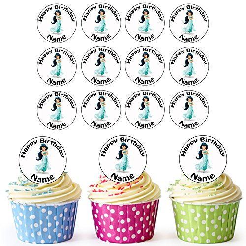 AK Giftshop Jasmine Princess - 24 Personalised Edible Cupcake Toppers/Birthday Cake Decorations - Easy Precut Circles