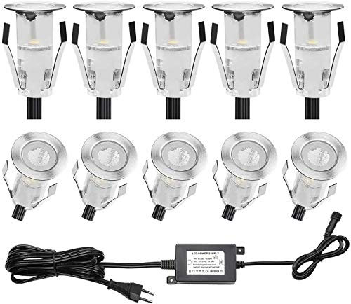 QACA 10 Kit Mini Spot Exterieur Led Encastrable 0.4W/DC12V Etanche IP67 Luminaire Exterieur Décoration pour Terrasse, Patio,Escalier,Chemin,Jardin (Blanc Chaud)