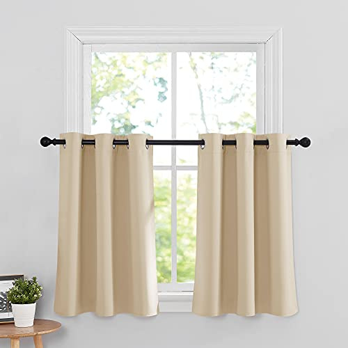 RYB HOME Thermal Insulated Tiers Short Curtains for Living Room, Plain Ring Top Small Window Treatment Panels for Office/Kitchen, 42 in Wide by 36 in Long, Biscotti Beige, Double Pieces