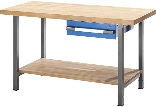eurokraft | Höhenverstellbare Werkbank | Gestellbauweise | 1 Schublade | 1 Ablageboden | Breite 750 mm | anthrazit/blau