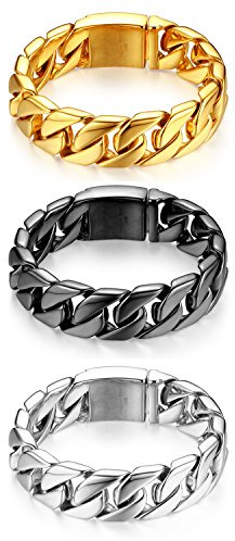 JewelryWe Herren Armband Edelstahl Panzerkette: 3pcs Biker Hochglanz Poliert Große Schwere Armkette Panzerarmband Armreif mit kostenloser Gravur Geschenk für Männer Silber Gold Schwarz