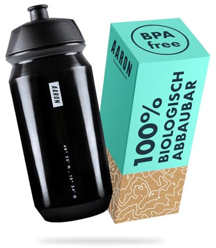 AARON ECO Trinkflasche 100% biologisch abbaubar, 500 ml, leicht und auslaufsicher, praktische BPA-freie Wasserflasche für Sport, Fitness, Wandern, Outdoor in schwarz