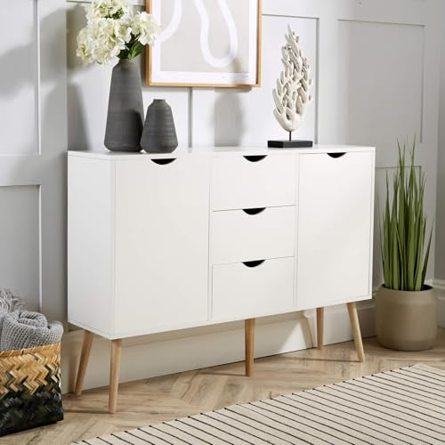 Home Source Sideboard Storage Cabinet, 2 Door, 3 Drawer Cupboard, Solid Wood Legs, White, Scandi Style