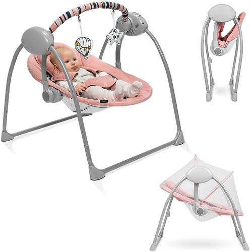 Lionelo Ruben Baby Wippe, Babyschaukel Elektrisch mit Liegefunktion, Baby Schaukel 0 bis 9 kg, Moskitonetz, 5 Schaukelgeschwindigkeiten, Kuscheltierbügel, Rosa