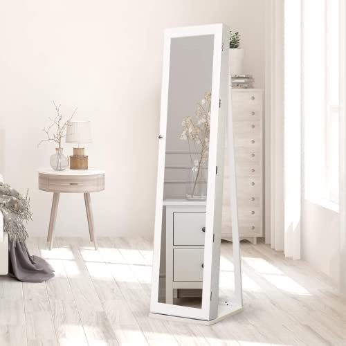 GYMAX Armadietto Portagioie da Terra, Portagioielli con Serratura, Specchiera a Figura Intera, Organizzatore per Gioielli e Cosmetici, Arredo Camera da Letto, Mobiletto Moderno, 38x38x157 cm (Bianco)