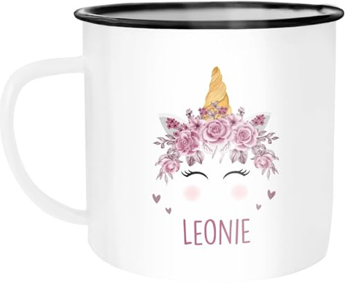 SpecialMe® Kinder-Tasse Emaille Bär, Fuchs, Einhorn mit Namen personalisierte Namenstasse für Kinder Tiermotive Emaille-weiss-schwarz standard