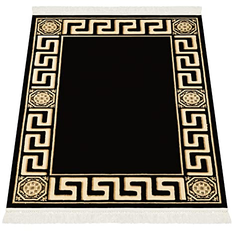 Belle Arti Premium Mäander Teppich Wohnzimmer Schlafzimmer Esszimmer Kurzflor Viskose in Schwarz Gold - Mäander Muster Weich Anti-Rutsch Seidenglanz 100% Viskose - schwarz Gold, 67x105 cm