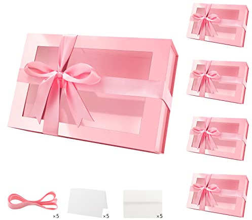 PACKQUEEN 5 große Geschenkboxen mit Fenster, 34.9x22.9x10.4 cm, rosa Geschenkboxen für Geschenke, Brautjungfer-Antragsboxen, extra große Geschenkboxen mit magnetischen Deckeln (glänzendes Rosa)