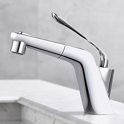 Waschbecken-Mischbatterie mit herunterziehbarer Brause, Badezimmer-Waschtischarmaturen, warm und kalt, Einhebel-Waschtischarmatur, Messing-Waschtisch-Mischbatterie, verchromt, für Küche und