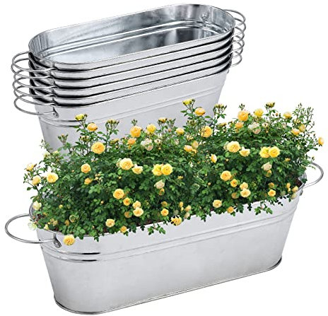 BestAlice Lot de 6 pots de fleurs galvanisés pour plantes d'extérieur, pots de fleurs ovales galvanisés avec poignées, seau en métal pour décoration intérieure et extérieure