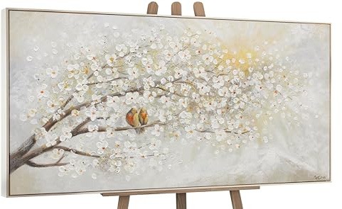 YS-Art Pintado en acrílico paisaje primaveral Amanecer Pintura hecha a mano árboles en flor Bellas flores blancas con marco 120x60 cm