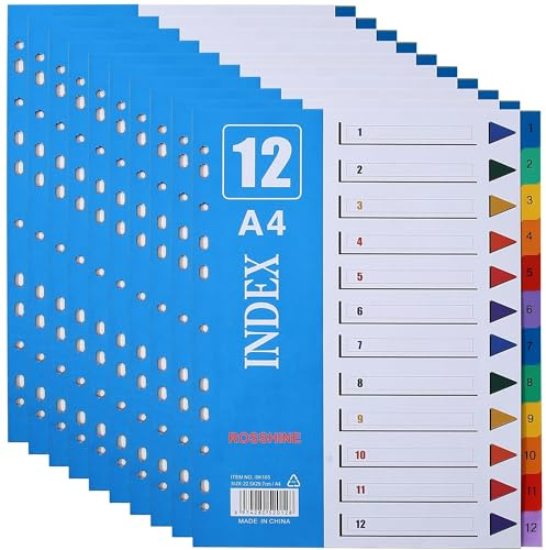 1-12 Part File Dividers A4, 10 Pack Plastic Folder Dividers for Ring Binders with11-Holes & Content List, Multi-Colour Index Dividers for Lever Arch Files School Office