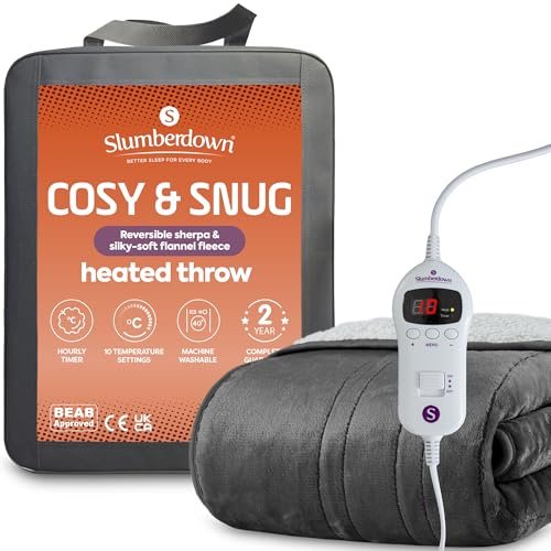 Slumberdown Luxury Heated Throw Blanket (130x160cm) - Reversible Sherpa & Fleece Electric Blanket with 10-Heat Settings & Timer | Energy Efficient (3p/hr), 2-Year Guarantee, Washable, Grey