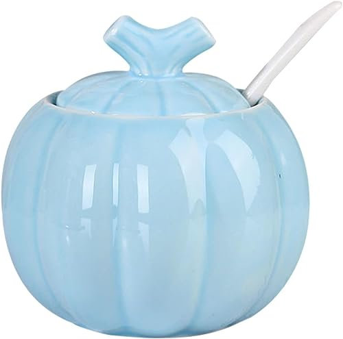 Sucrier, sucrier avec couvercle, pot à sucre en céramique de couleur unie avec couvercle, sucrier solide avec cuillère, pot à épices en porcelaine, rangement de décoration de cuisine-bleu-300 ml/10,6