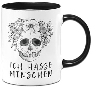 Tassenbrennerei Totenkopf Tasse mit Spruch - Ich hasse Menschen - Totenkopftasse lustig - Kaffeetasse (Schwarz)