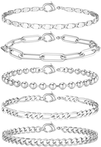Krfy Armband für Damen 14 Karat Vergoldetes Armband Set Silber Figaro Kubanische Tenniskette Armband Twist Fischgrätenkette Armband Stapelbares Silber Gold Armbänder Set für Damen Schmuck