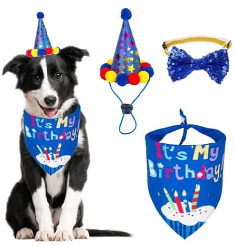 WUBAYI Hunde-Geburtstags-Halstuch-Set, mit süßem Hut und Fliege, für Katzen- und Hundedekoration (dunkelblau)