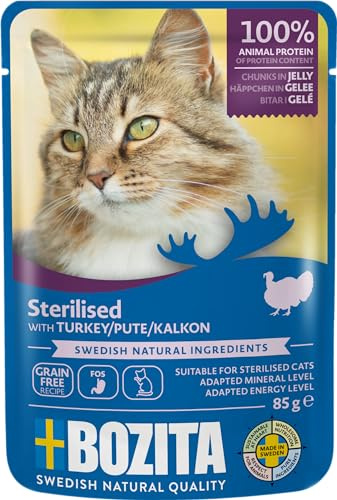 Bozita Steriliserat våtfoder i gelé med kalkon – 12 x 85 g portionspåsar spannmålsfri och vetefri mat för katter – katter, våtfoder med 8,5% protein och 3,5% fetthalt