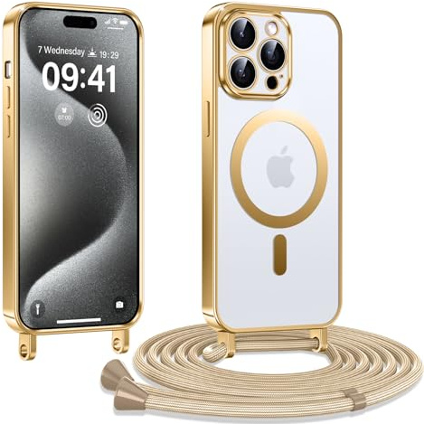 Kokio Handykette Hülle für iPhone 15 Pro mit Band, Magnetische Transparent Handyhülle Kompatibel mit MagSafe, Kratzfeste Stossfest Schutzhülle mit Einstellbar Kette, Gold