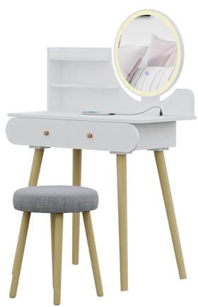 Vicco Schminktisch Edda, Weiß, 80 cm mit LED-Spiegel und QI-Ladestation