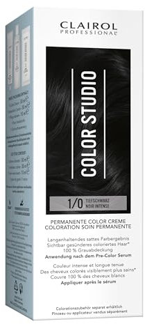 Clairol Professional Color Studio Permanente Haarfarbe Tiefschwarz 1/0 (110 ml) – mit Metal-Purifier für 6 x weniger Haarbruch, 10 Wochen sattes Farbergebnis & 100 % Grauabdeckung – inkl. Haarkur