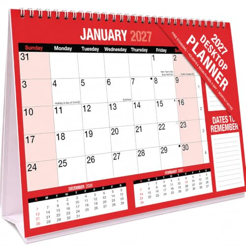 Sixstore 2027 Desktop Calendar Freestanding Flip Month to View Spiral Bound Red and Black Calender for Home Business Office School 1 January 2027 to 31 December 2027