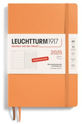 LEUCHTTURM1917 370510 Wochenkalender & Notizbuch Medium (A5) 2025, Softcover, Apricot, Deutsch