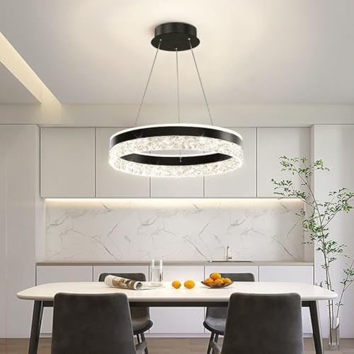 Aleaty LED Kronleuchter Neuer Moderner High-End Restaurant Hängeleuchte Ring Deckenlampe mit Kristallform Acryl Dimmbar Fernbedienung Einstellbares Rundes Pendelleuchte (Schwarz)