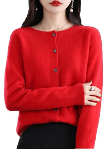 Damen Merino Kaschmir Pullover Lockerer Rundhals Langarm Strickjacke Pullover Oberteil, rot, M